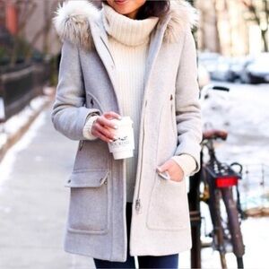 J. Crew Gray Trench Coat with Faux Fur Collar